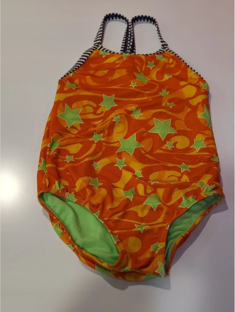 Dolfin Orange Neon Green Star Girls One Piece Swimsuit Sz 6x